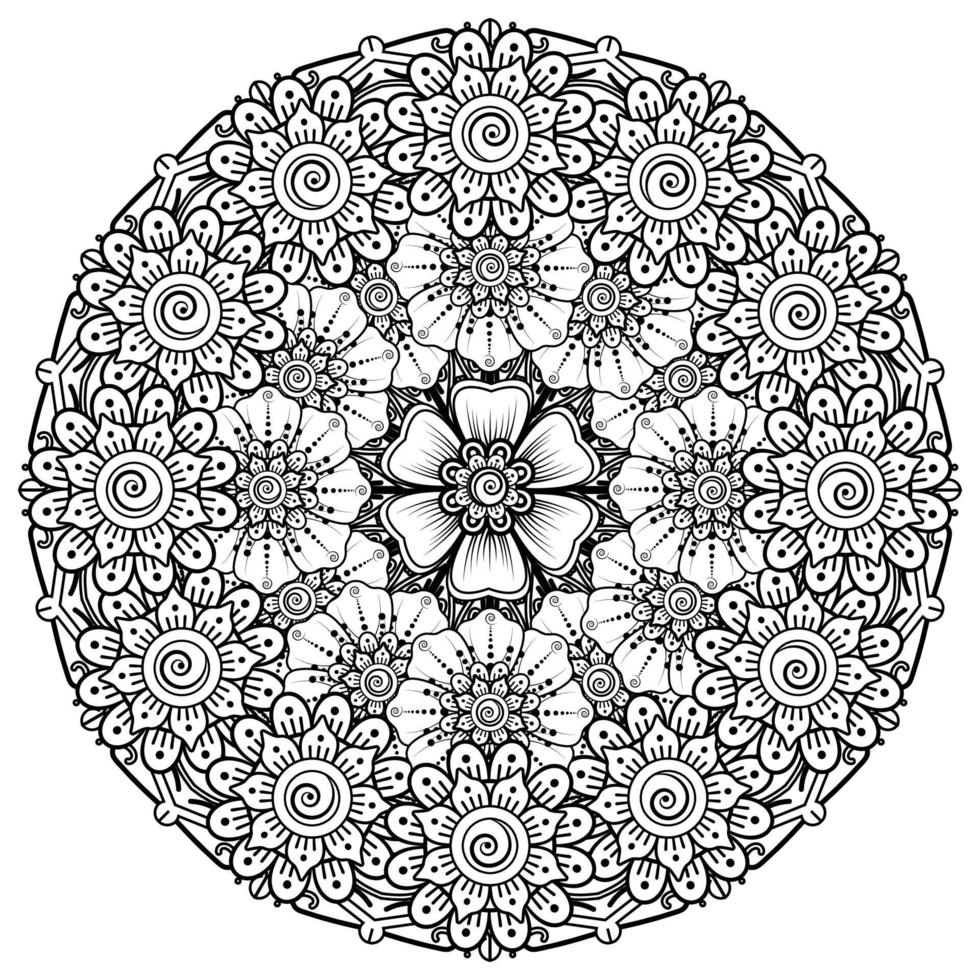 patrón circular en forma de mandala para la decoración de tatuajes de henna mehndi. página del libro para colorear. vector