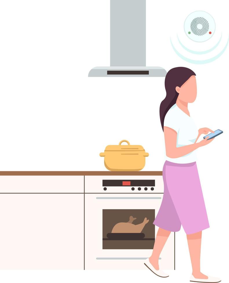 Girl using smartphone at kitchen semi flat color vector character