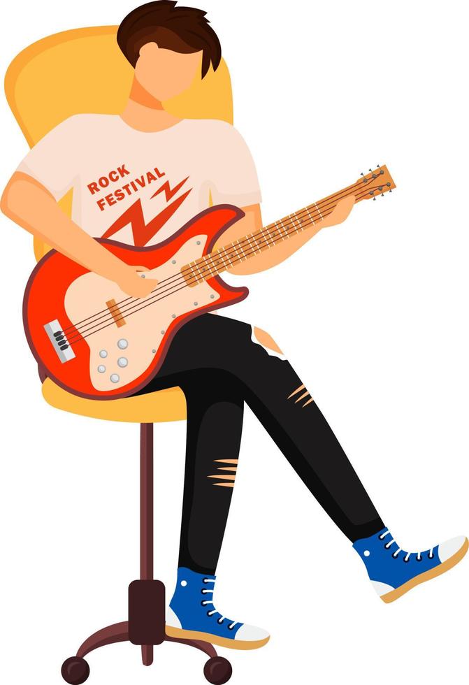 niño tocando guitarra eléctrica semi plano color vector carácter
