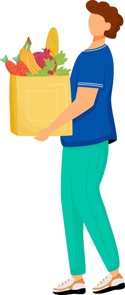 Man with full bag of fruits and vegetables semi flat color vector character