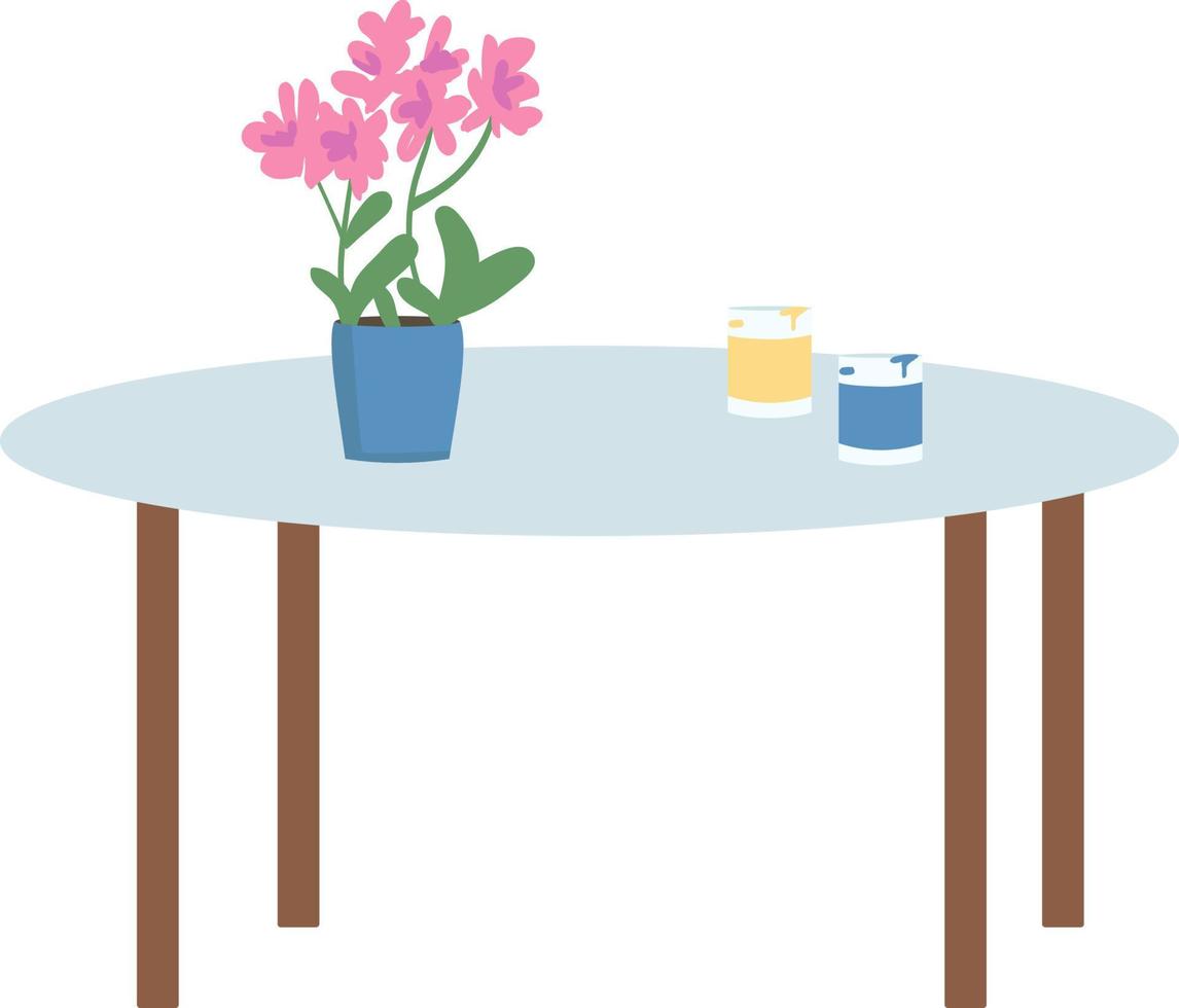 mesa de café con maceta y tarros de pintura objeto vectorial de color semiplano vector
