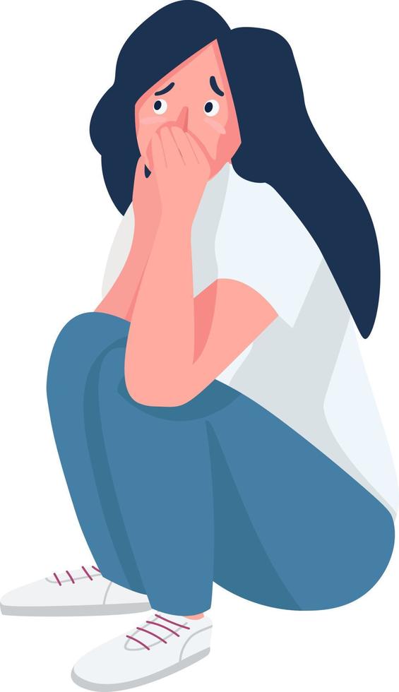 Young girl suffering from panic attack semi flat color vector character