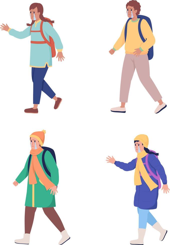 Young refugees looking for help semi flat color vector character set