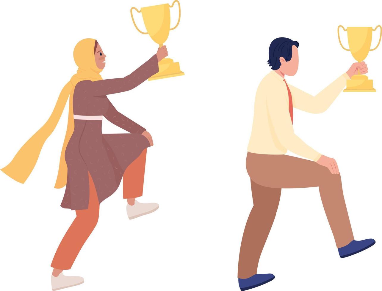 People with golden trophy prize semi flat color vector character set