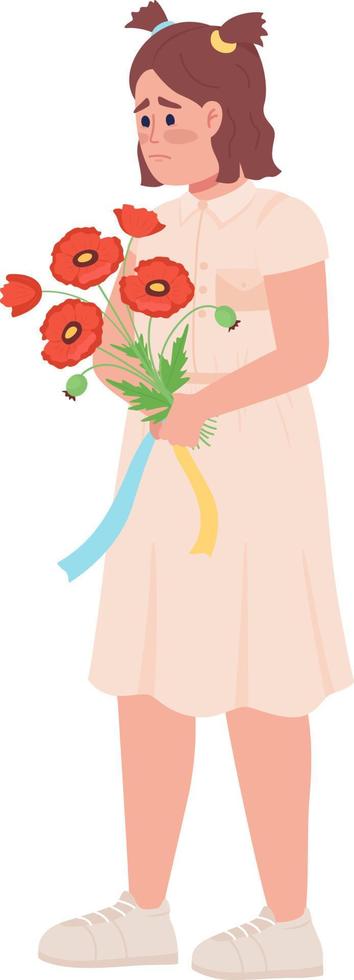 Sad Ukrainian child with bouquet with semi flat color vector character