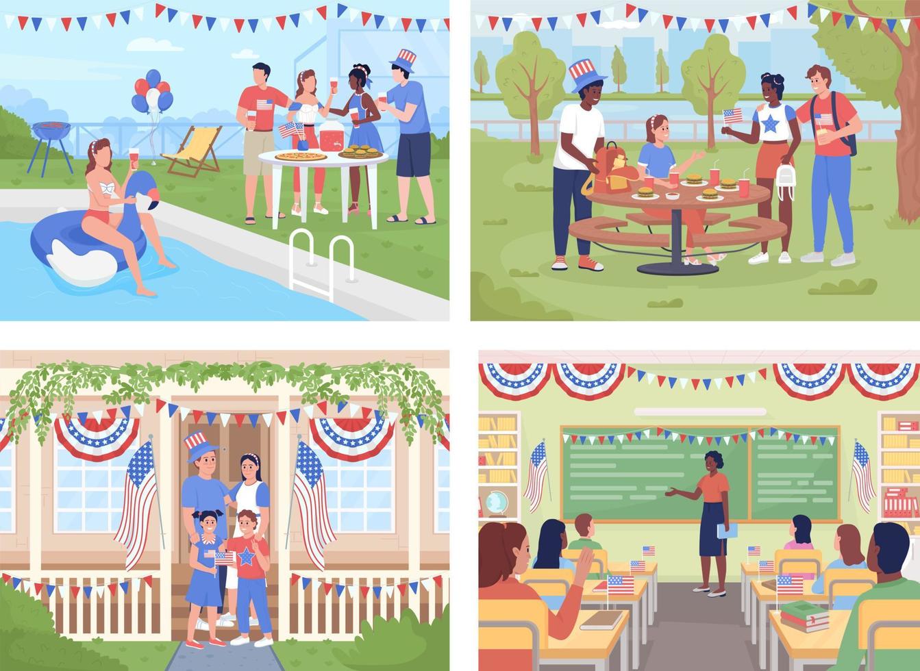 Independence day celebration in America flat color vector illustration set