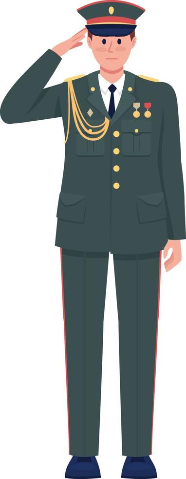 Officer in full dress uniform saluting semi flat color vector character