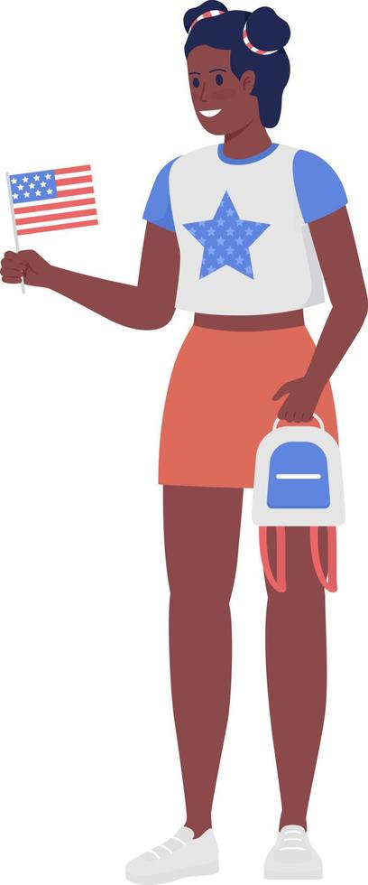 Young woman holding American flag semi flat color vector character