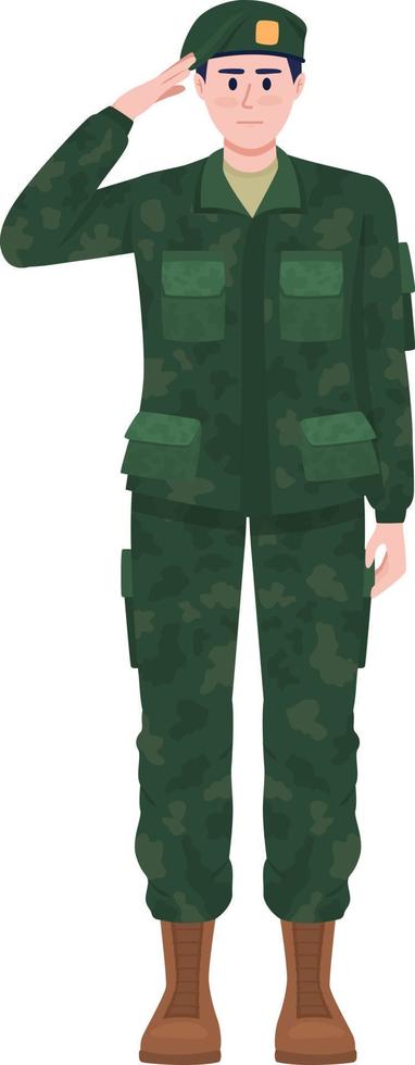 Soldier in military clothes saluting semi flat color vector character