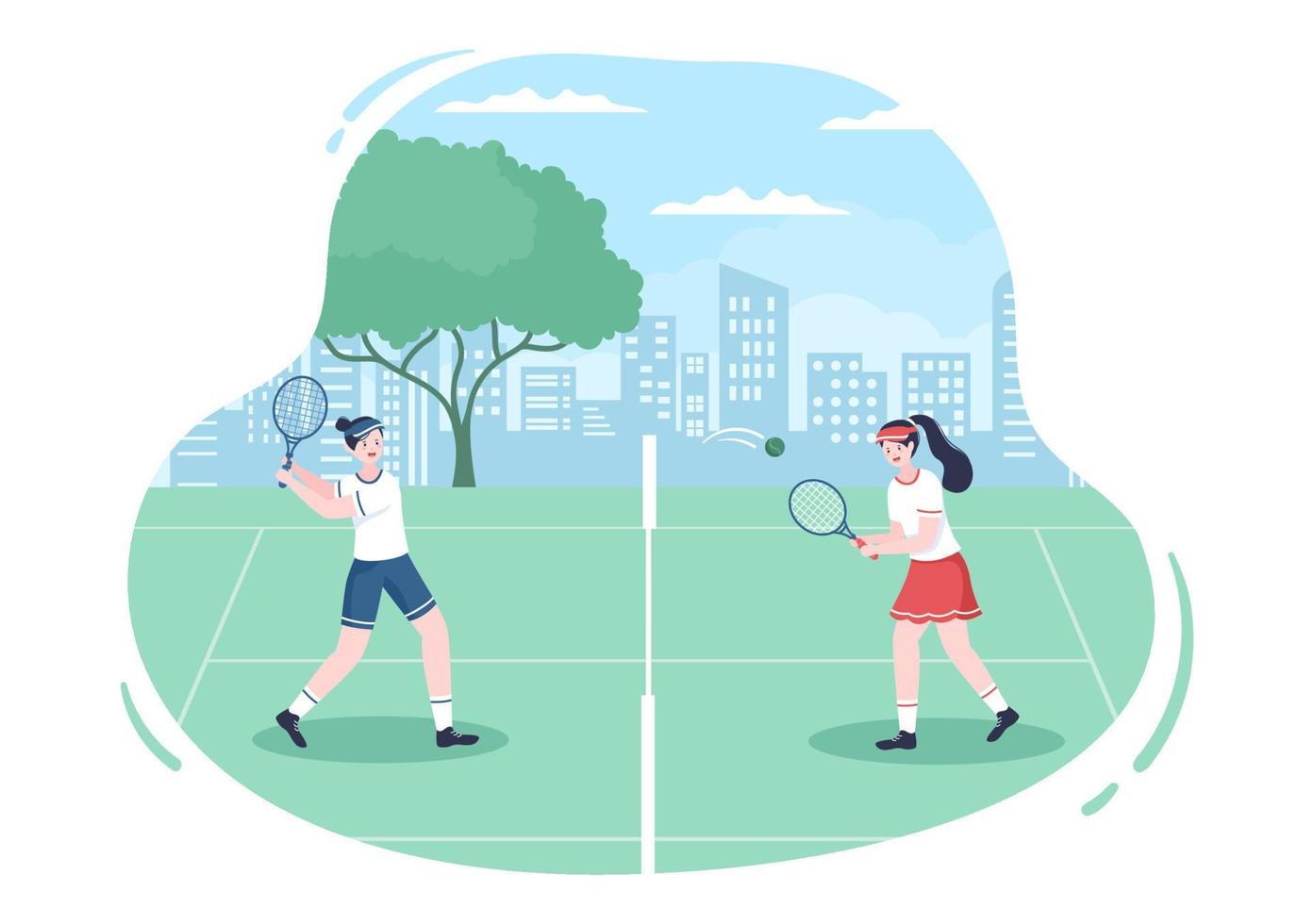 Tennis Player with Racket in Hand and Ball on Court. People doing Sports Match in Flat Cartoon Illustration vector