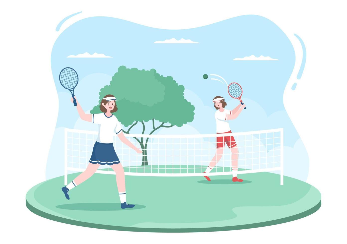 tenista con raqueta en mano y pelota en la cancha. gente haciendo partidos deportivos en ilustración de dibujos animados plana vector