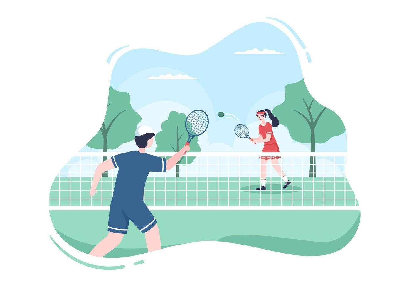 Tennis Player with Racket in Hand and Ball on Court. People doing Sports Match in Flat Cartoon Illustration vector