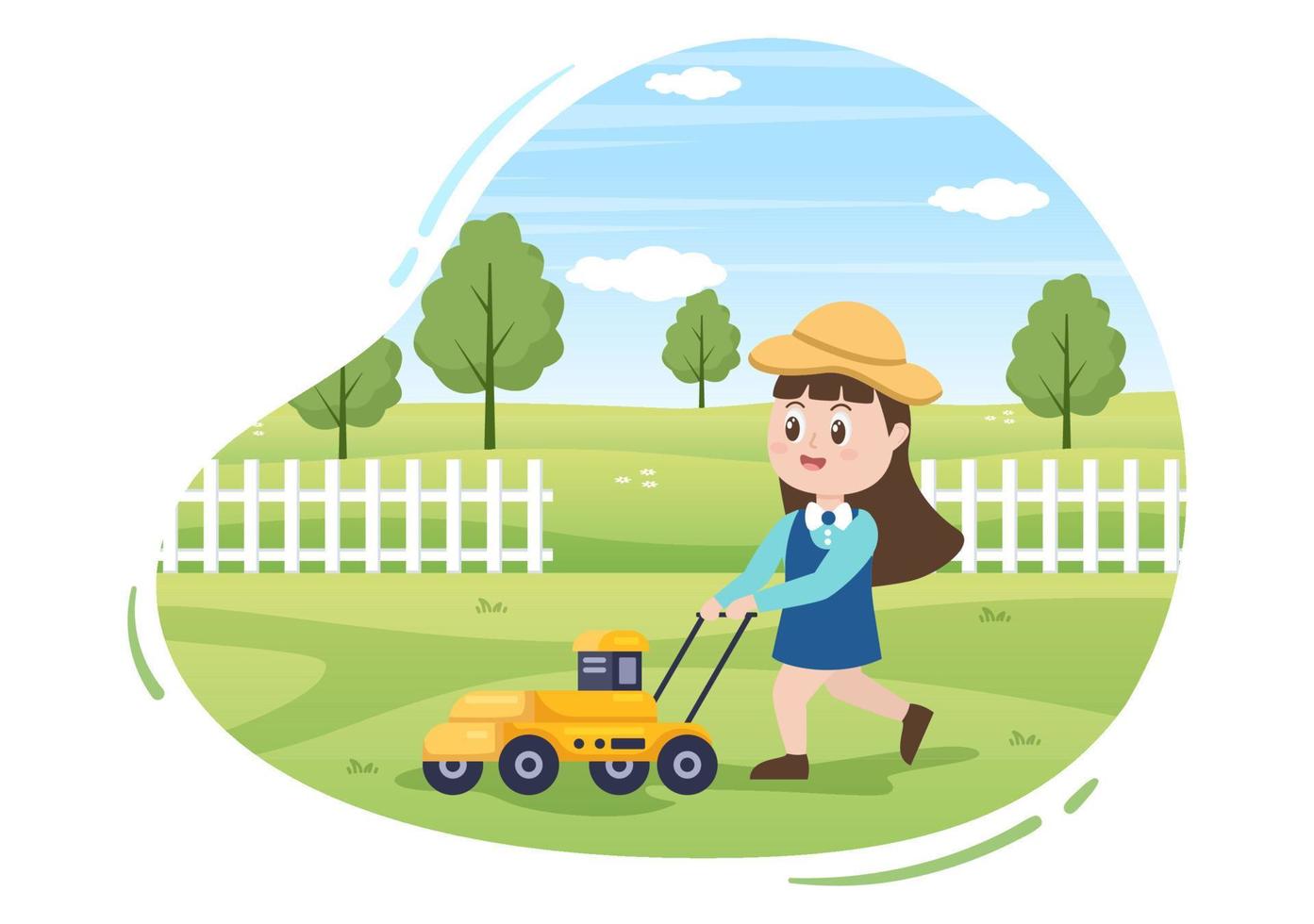 Lawn Mower Cutting Green Grass, Trimming and Care on Page or Garden in Flat Cute Cartoon Illustration vector