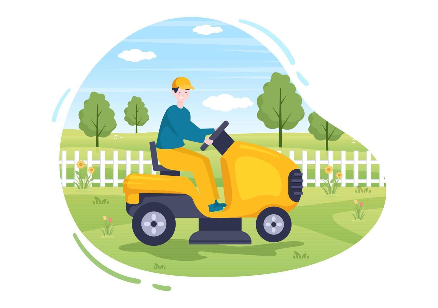 Lawn Mower Cutting Green Grass, Trimming and Care on Page or Garden in Flat Cartoon Illustration vector