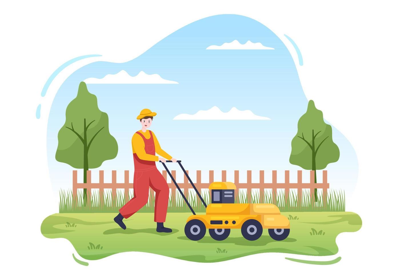 Lawn Mower Cutting Green Grass, Trimming and Care on Page or Garden in Flat Cartoon Illustration vector