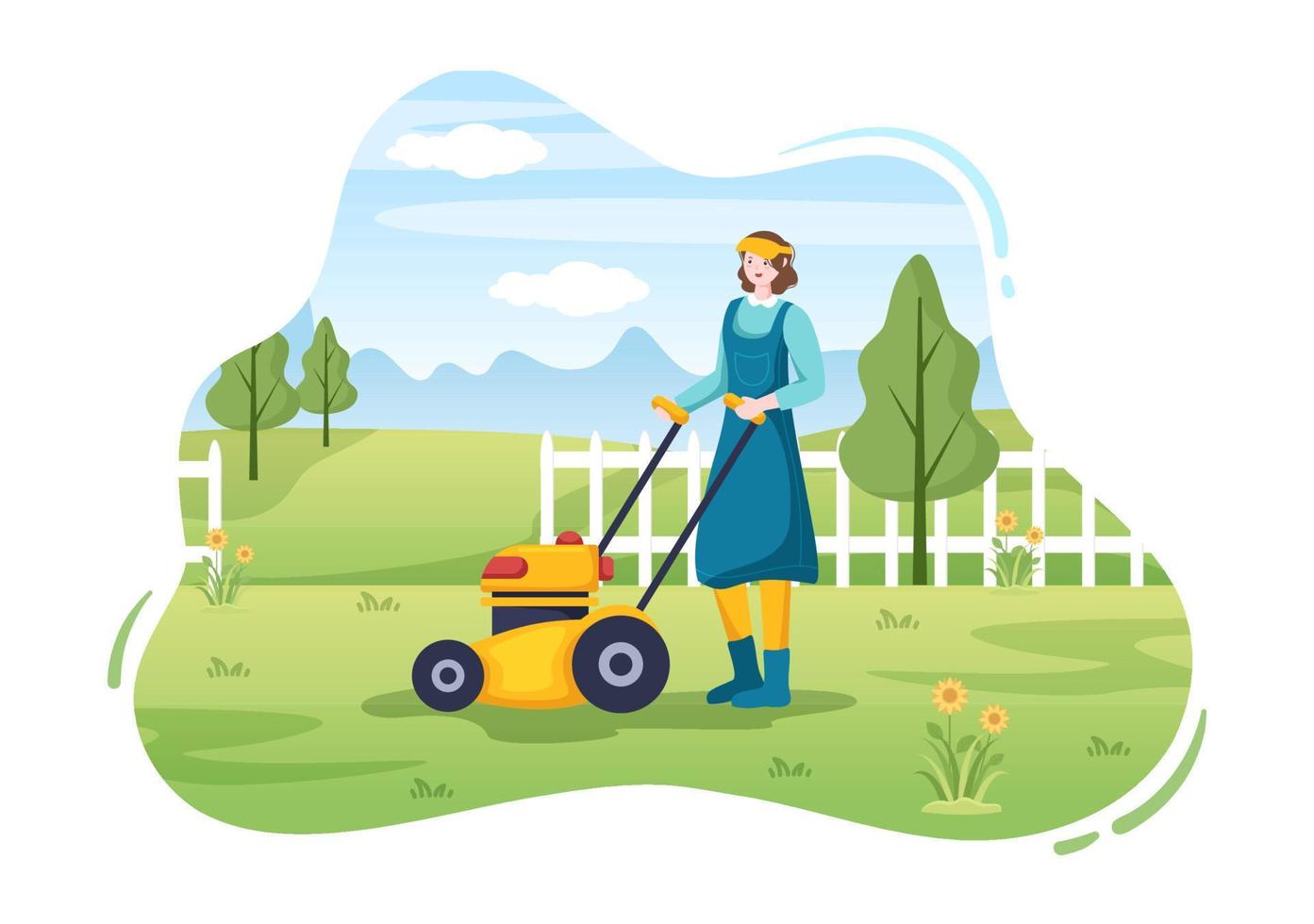 Lawn Mower Cutting Green Grass, Trimming and Care on Page or Garden in Flat Cartoon Illustration vector