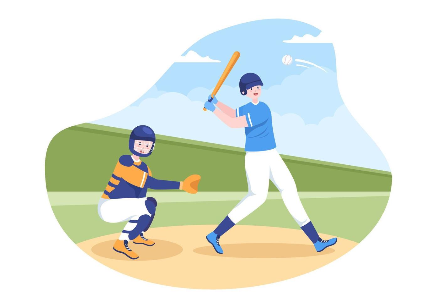 Baseball Player Sports Throwing, Catching or Hitting a Ball with Bats and Gloves Wearing Uniform on Court Stadium in Flat Cartoon Illustration vector