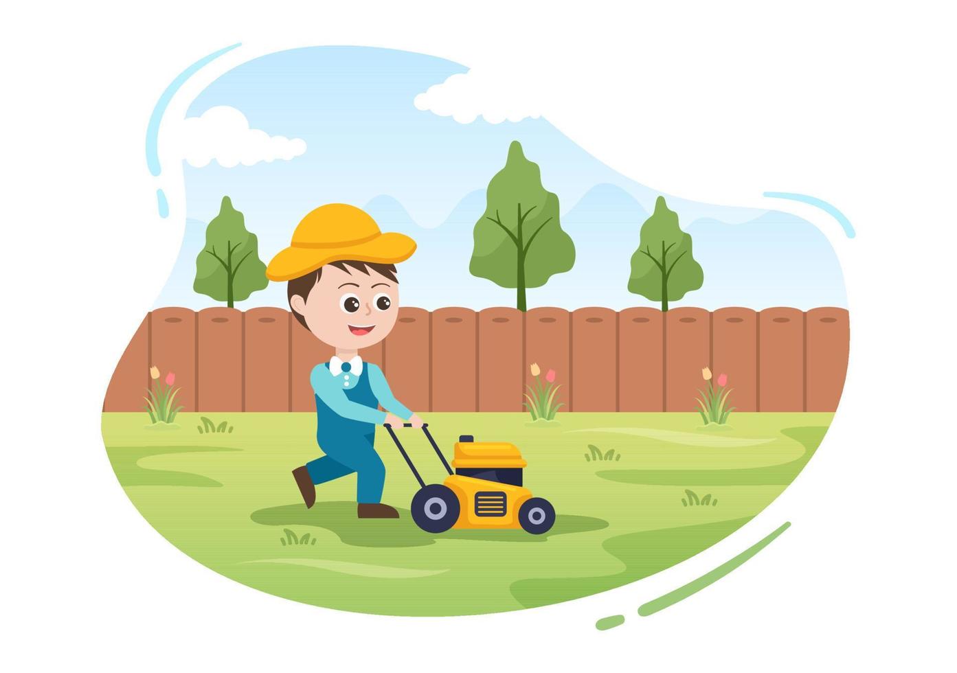 Lawn Mower Cutting Green Grass, Trimming and Care on Page or Garden in Flat Cute Cartoon Illustration vector