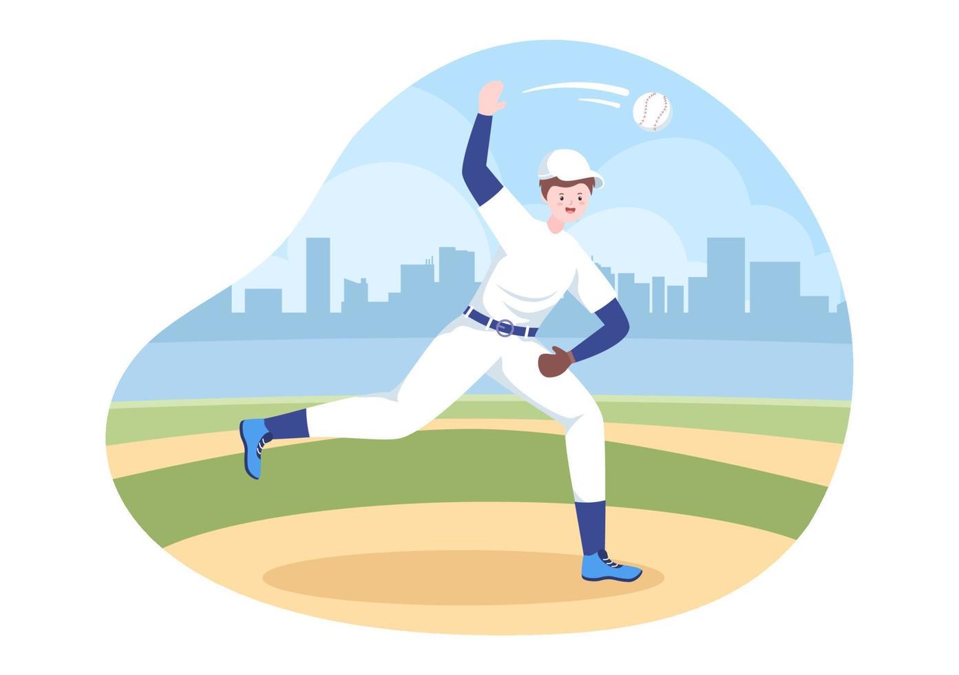 el jugador de béisbol se divierte lanzando, atrapando o golpeando una pelota con bates y guantes usando uniforme en el estadio de la cancha en una ilustración plana de dibujos animados vector