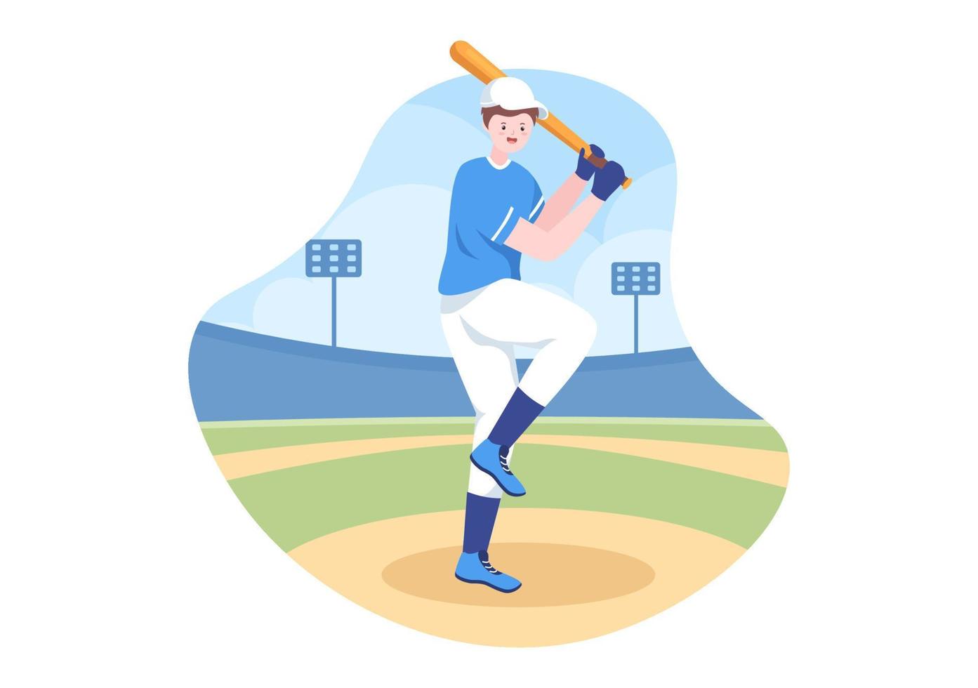 Baseball Player Sports Throwing, Catching or Hitting a Ball with Bats and Gloves Wearing Uniform on Court Stadium in Flat Cartoon Illustration vector