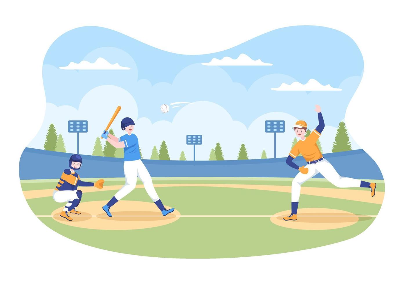 Baseball Player Sports Throwing, Catching or Hitting a Ball with Bats and Gloves Wearing Uniform on Court Stadium in Flat Cartoon Illustration vector