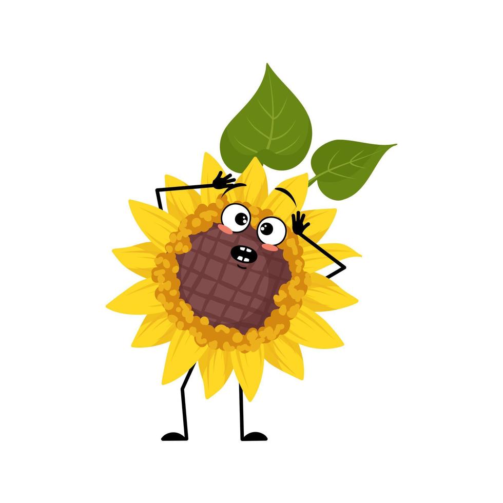 personaje de girasol con emociones de pánico, cara sorprendida, ojos, brazos y piernas conmocionados. planta persona con expresión asustada, emoticono de flor de sol amarillo. ilustración plana vectorial vector