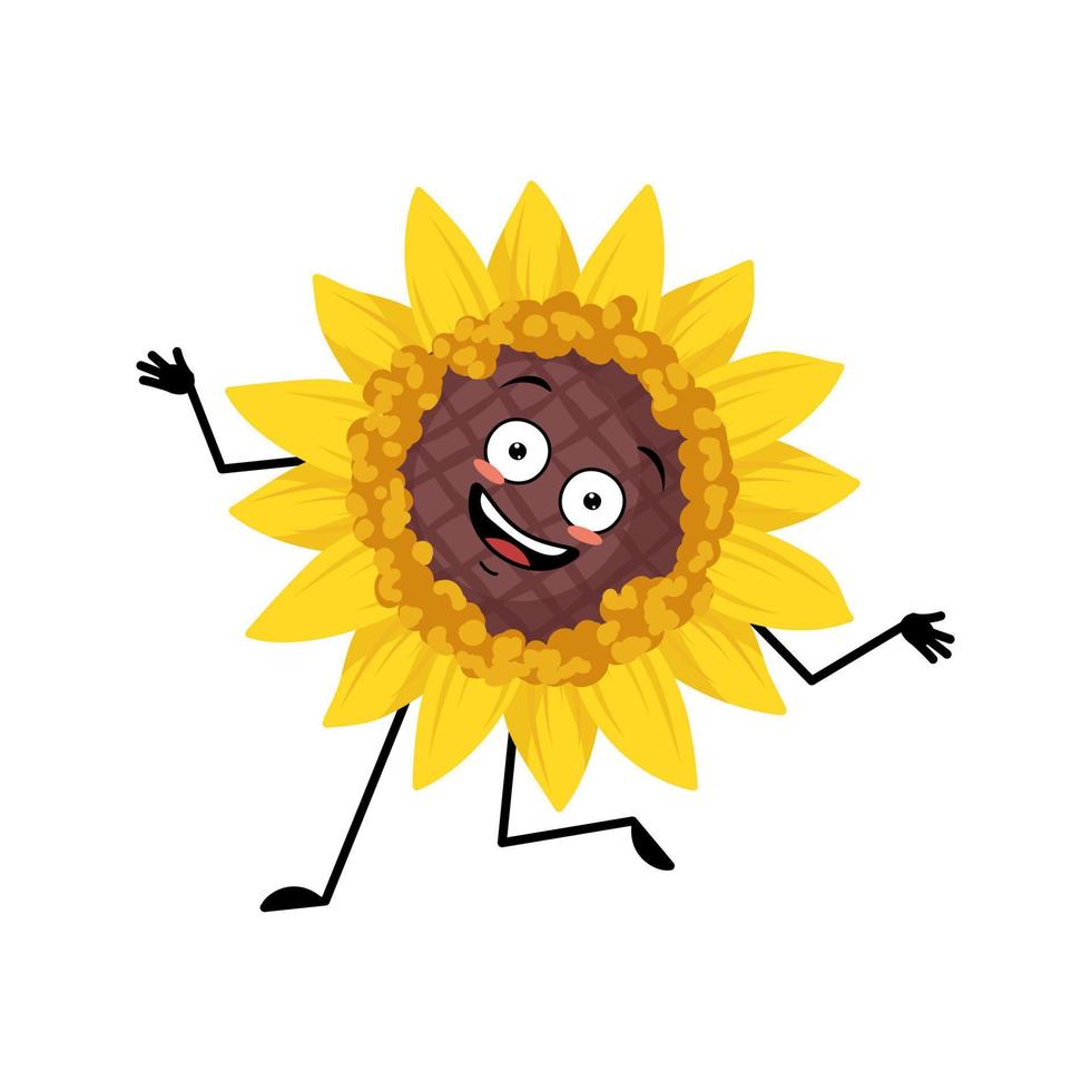 Sunflower character with crazy happy emotion, joyful face, smile eyes, dancing arms and legs. Plant person with funny expression, yellow sun flower emoticon. Vector flat illustration