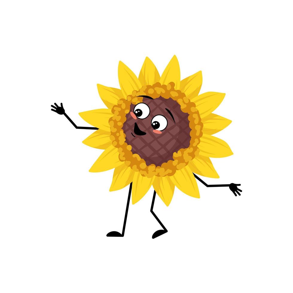 Sunflower character with happy emotion, joyful face, smile eyes, arms and legs. Plant person with funny expression, yellow sun flower emoticon. Vector flat illustration