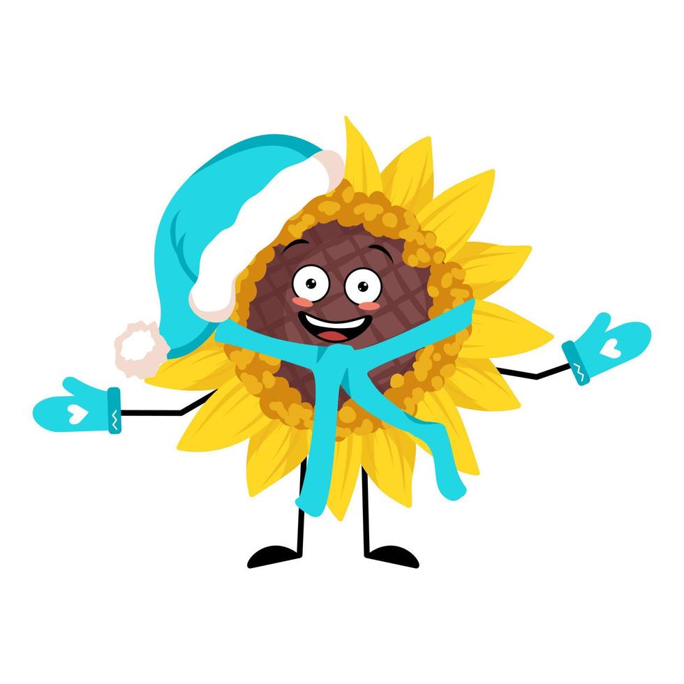 Sunflower character in Santa hat with happy emotion, joyful face, smile eyes, arms and legs. Plant person with expression, yellow sun flower emoticon. Vector flat illustration