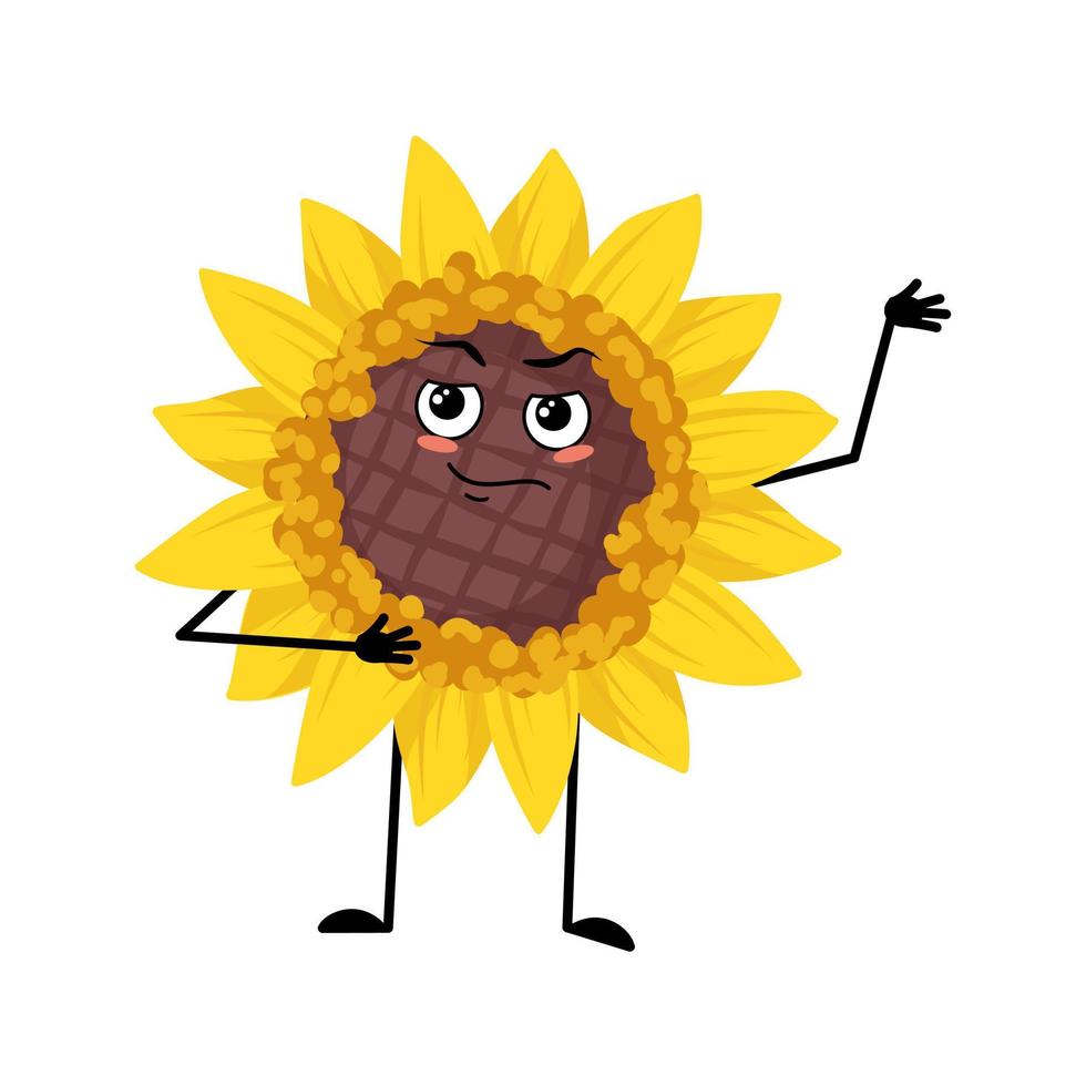 Sunflower character with emotions of hero, brave face, arms and leg. Plant person with courage expression, yellow sun flower emoticon. Vector flat illustration