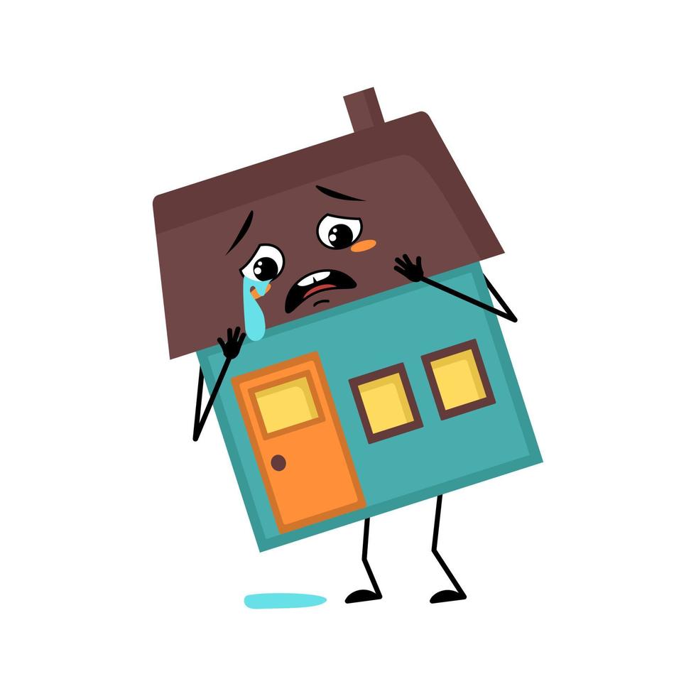 Cute house character with crying and tears emotion, sad face, depressive eyes, arms and legs. Building man with melancholy expression, funny cottage. Vector flat illustration