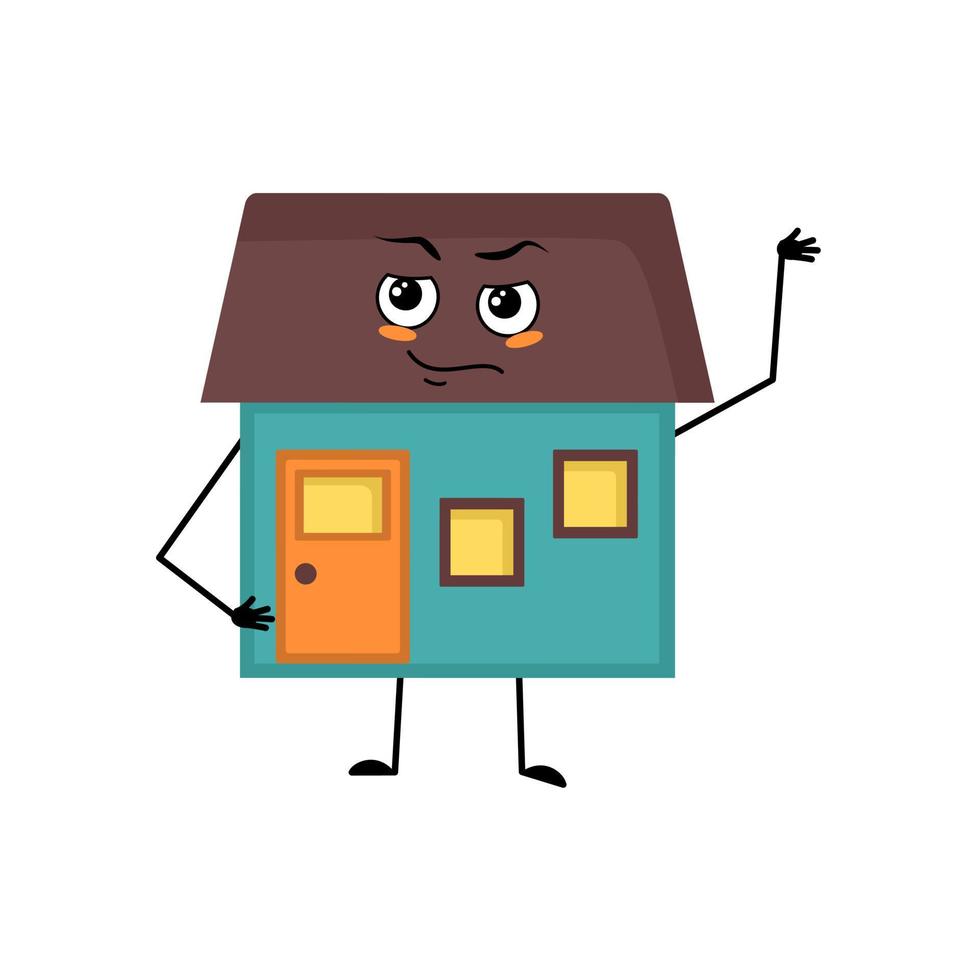 Cute house character with emotions of hero, brave face, arms and leg. Building man with courage expression, funny cottage. Vector flat illustration