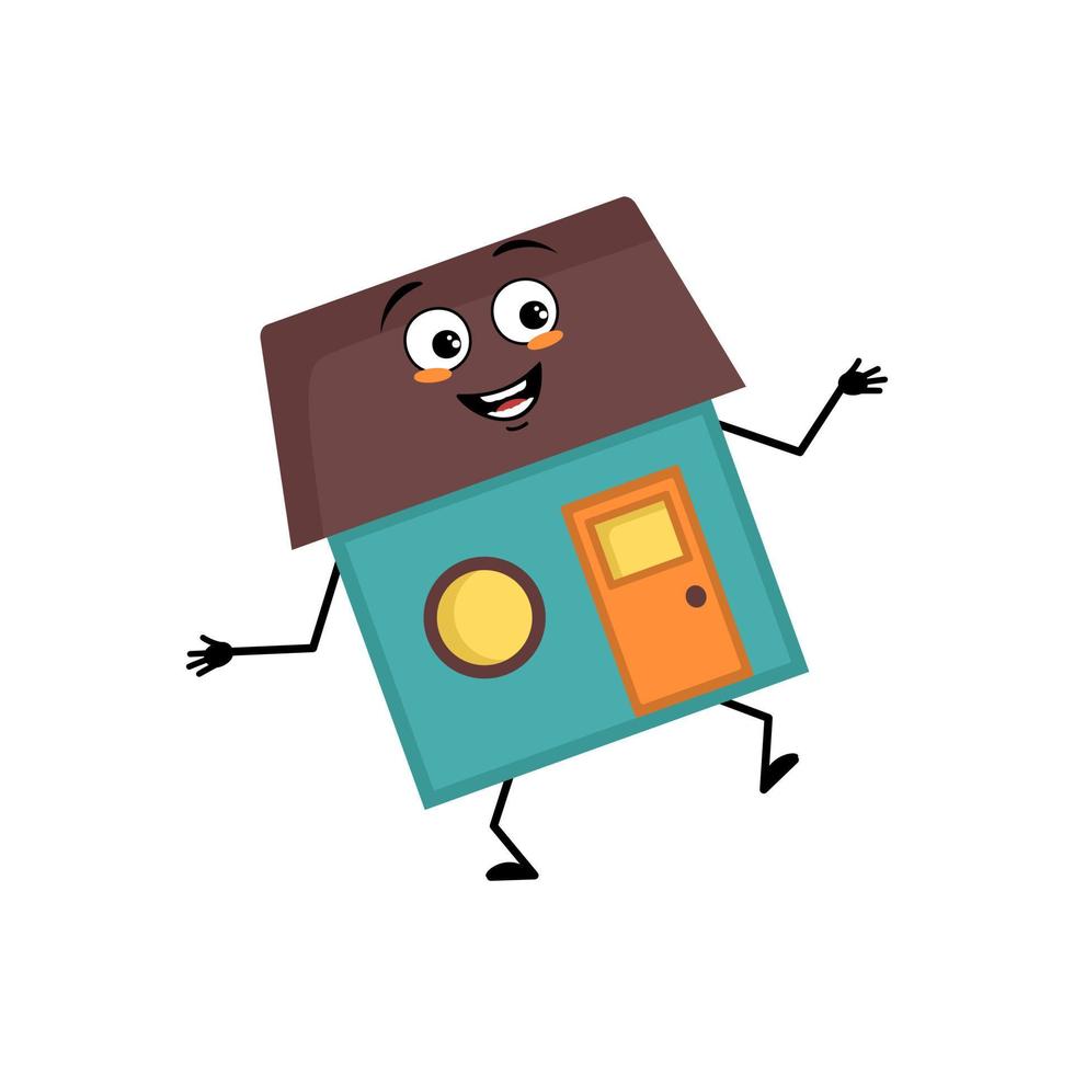 lindo personaje de la casa con emociones felices, cara alegre, ojos sonrientes, brazos y piernas. hombre del edificio con expresión divertida, casa de campo divertida. ilustración plana vectorial vector