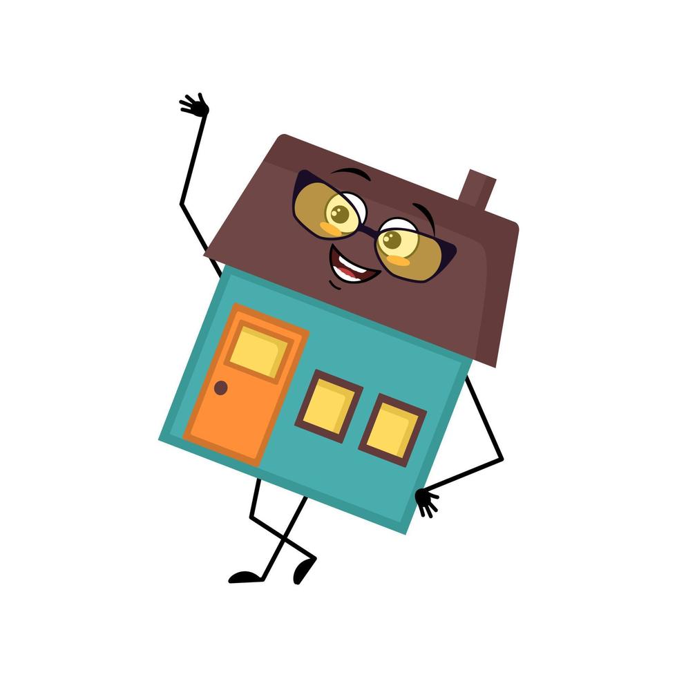 lindo personaje de la casa con gafas y emoción feliz, cara, ojos sonrientes, brazos y piernas. hombre del edificio con expresión divertida, casa de campo divertida. ilustración plana vectorial vector