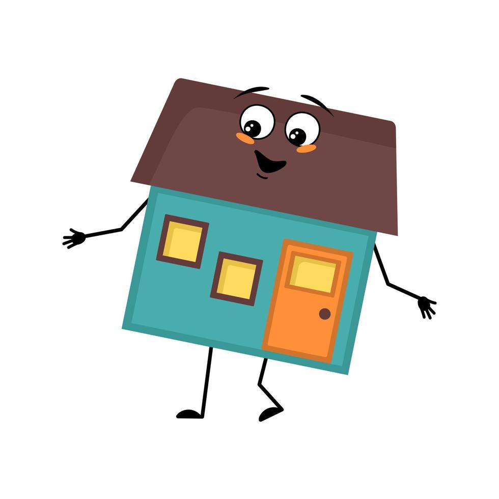 lindo personaje de la casa con emociones felices, cara alegre, ojos sonrientes, brazos y piernas. hombre del edificio con expresión divertida, casa de campo divertida. ilustración plana vectorial vector