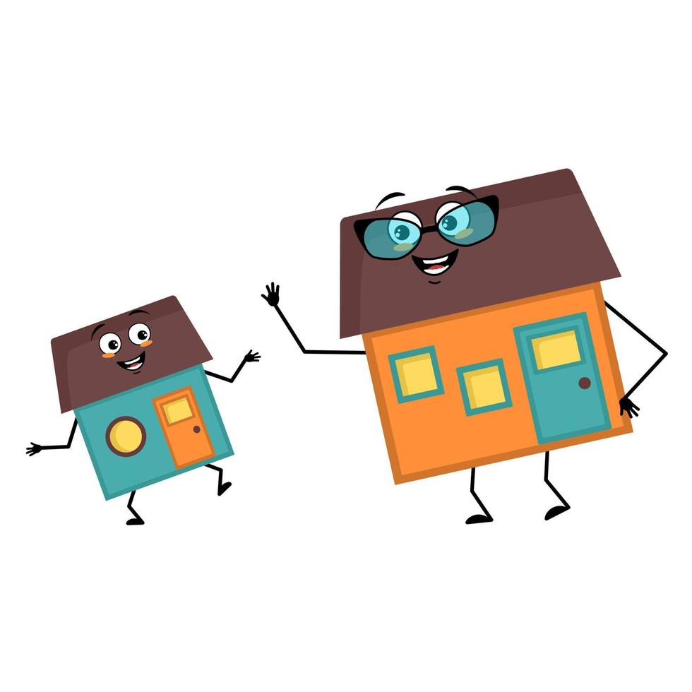 Cute house character with glasses and grandson dancing character with happy emotion, face, smile eyes, arms and legs. Building man with funny expression, funny cottage. Vector flat illustration