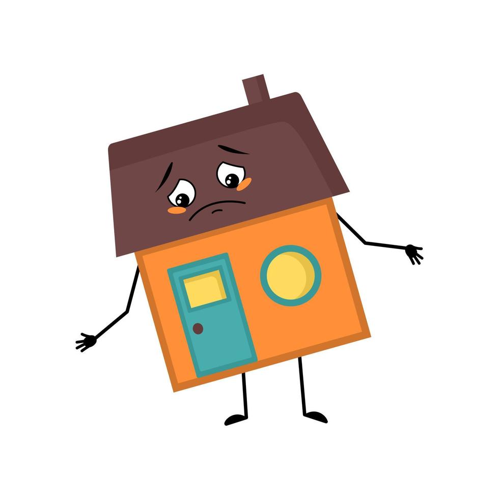 Cute house character with sad emotions, depressed face, down eyes, arms and legs. Building man with melancholy expression, funny cottage. Vector flat illustration