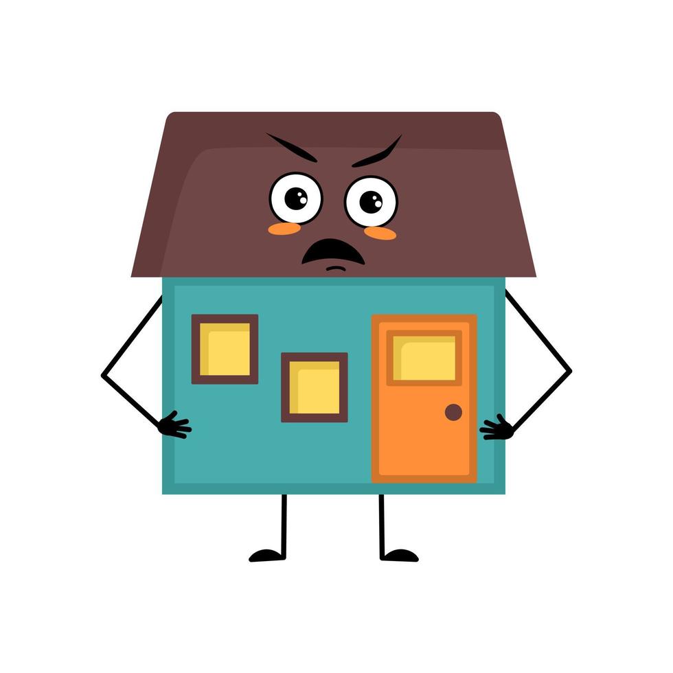 Cute house character with angry emotions, grumpy face, furious eyes, arms and legs. Building man with irritated expression, funny cottage. Vector flat illustration