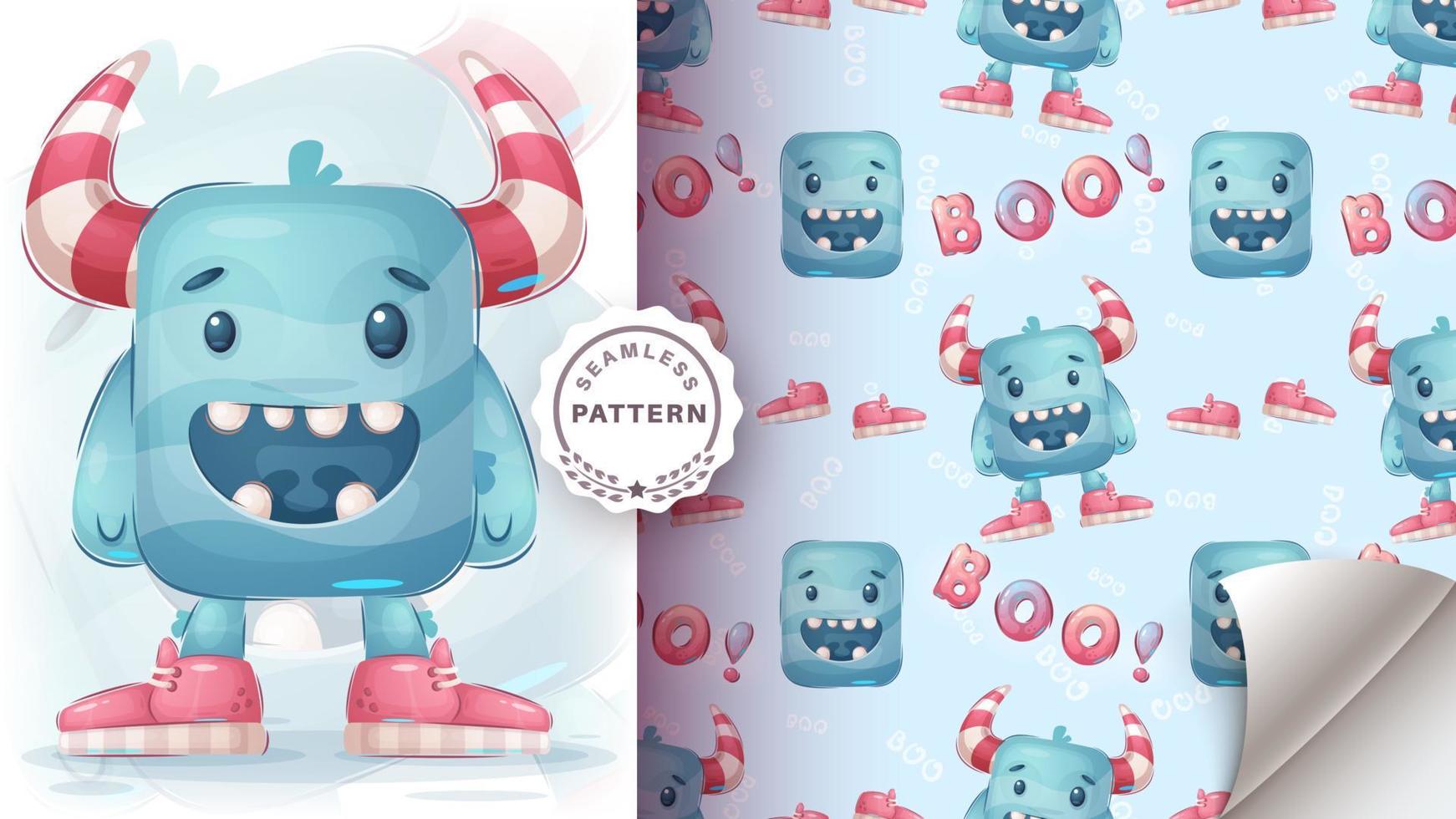 Cartoon character funny monster - seamless pattern vector
