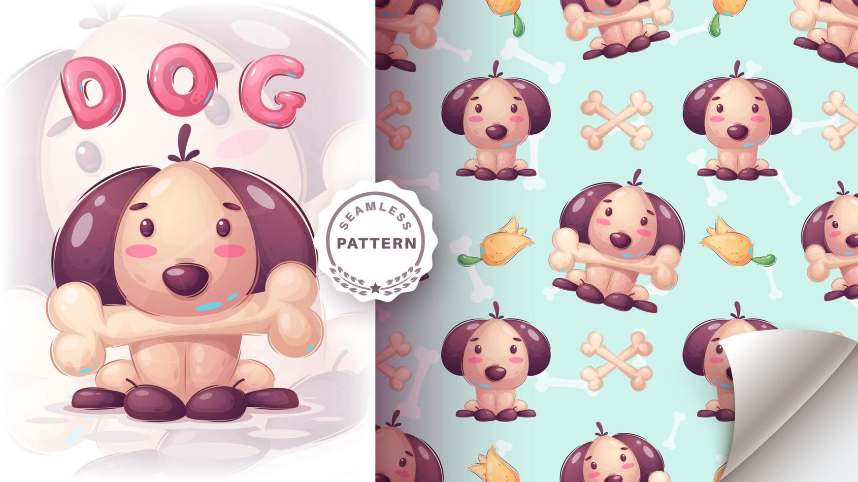 Cartoon character dog with bone - seamless pattern vector