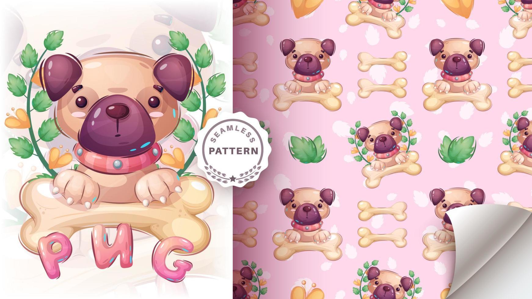 Cartoon character cute seamless pattern pug vector