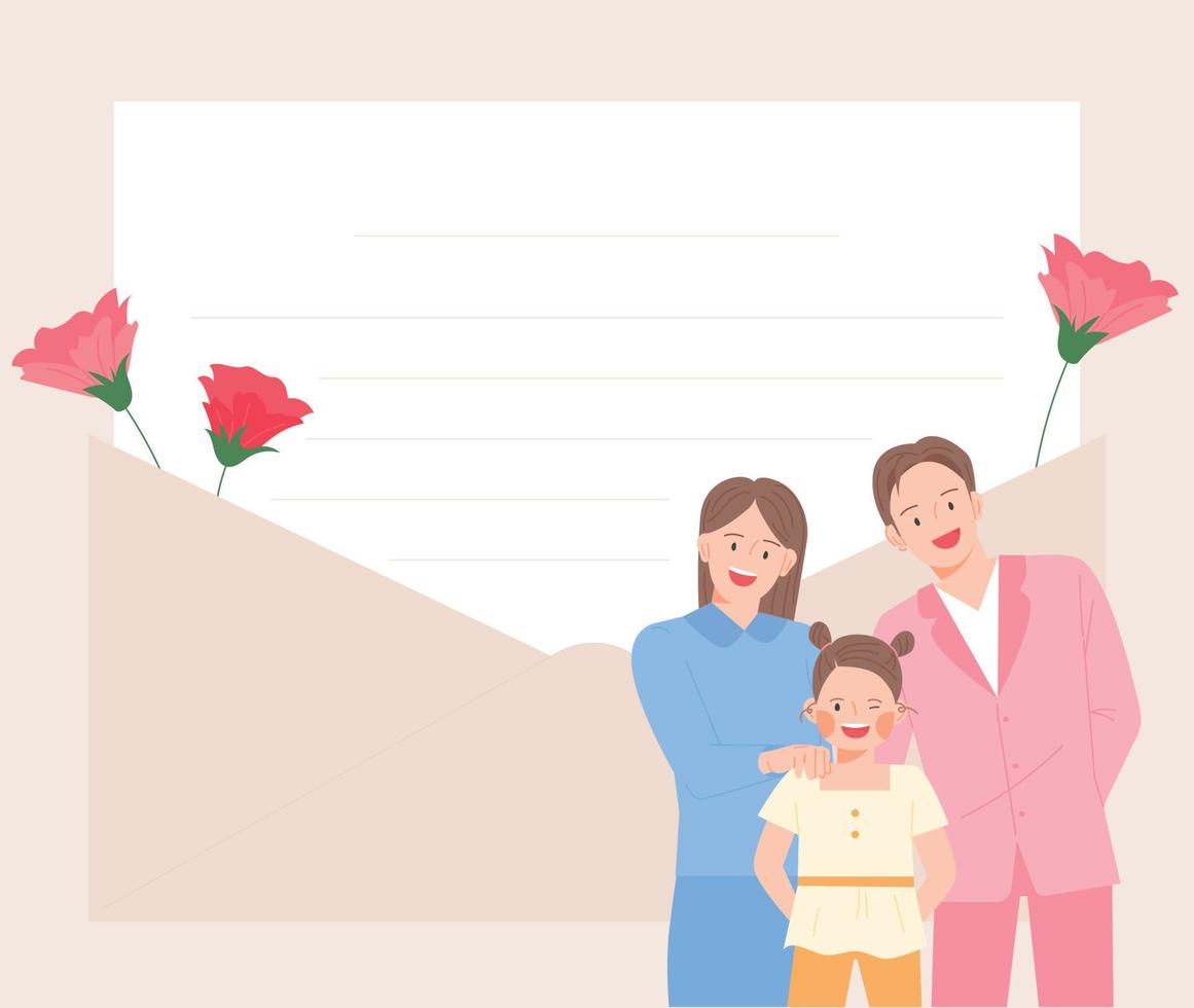 Stationery decorated with carnation flowers. Happy family standing smiling. vector