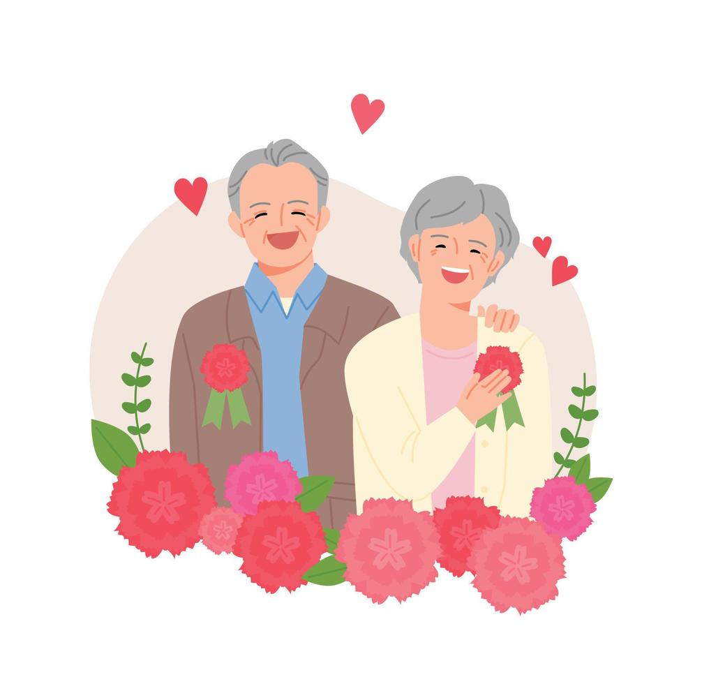 Senior parents wearing carnation brooches and smiling happily. vector