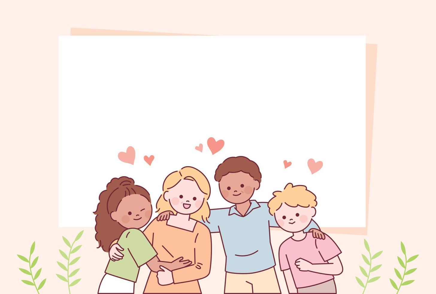 Friends of various races gather and have a happy expression. Cute face character. vector