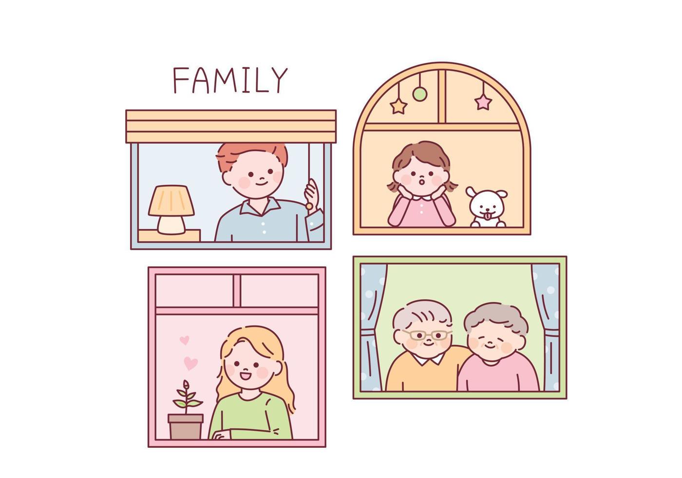 el abuelo, la abuela, el papá, la mamá, la pequeña hija y el perro miran desde las ventanas vector