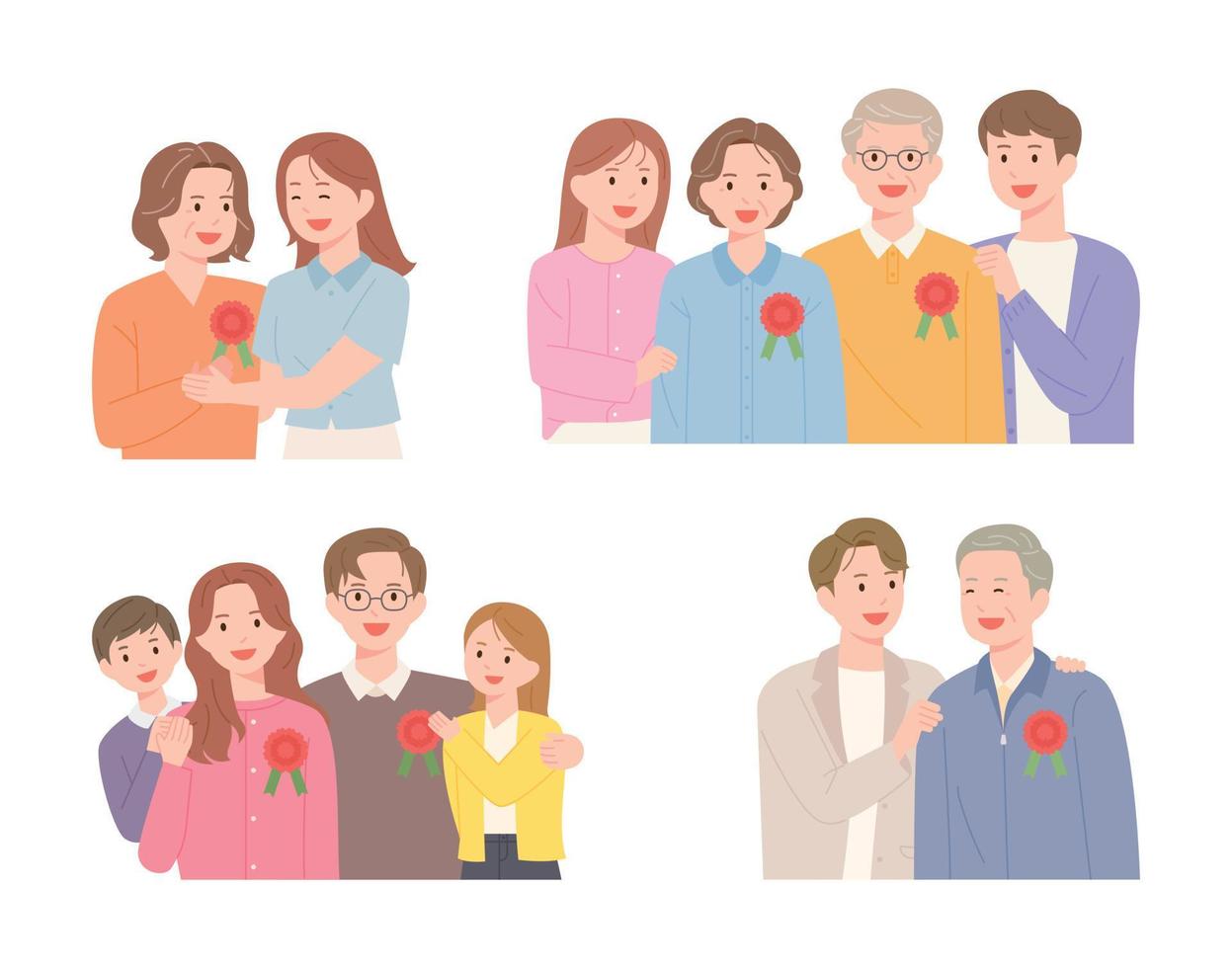 Son and daughter attach carnation brooches to father and mother's chest on Parents' Day. vector