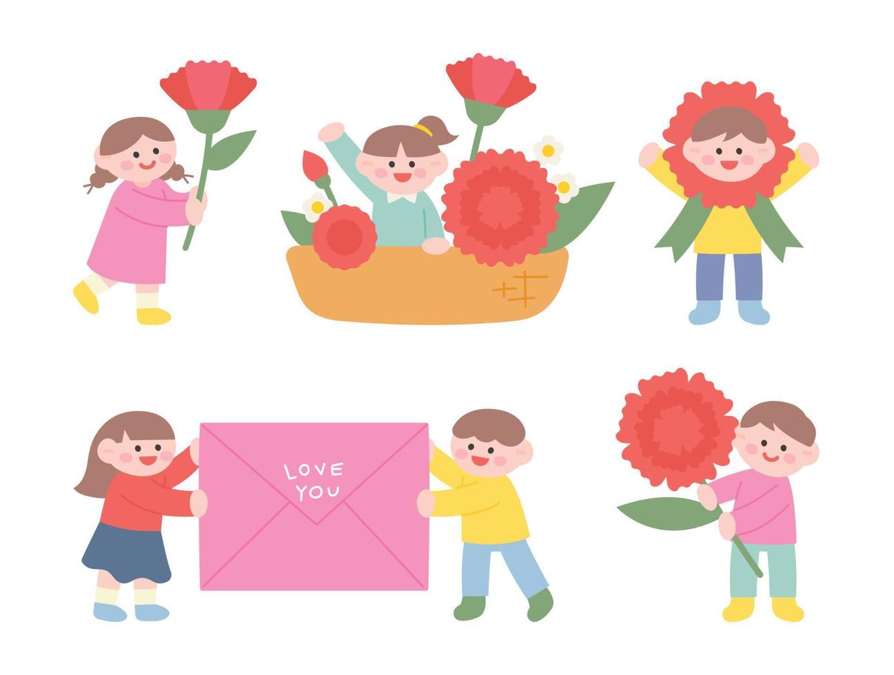 niños lindos sosteniendo flores de clavel gigantes y dando un mensaje de agradecimiento. vector