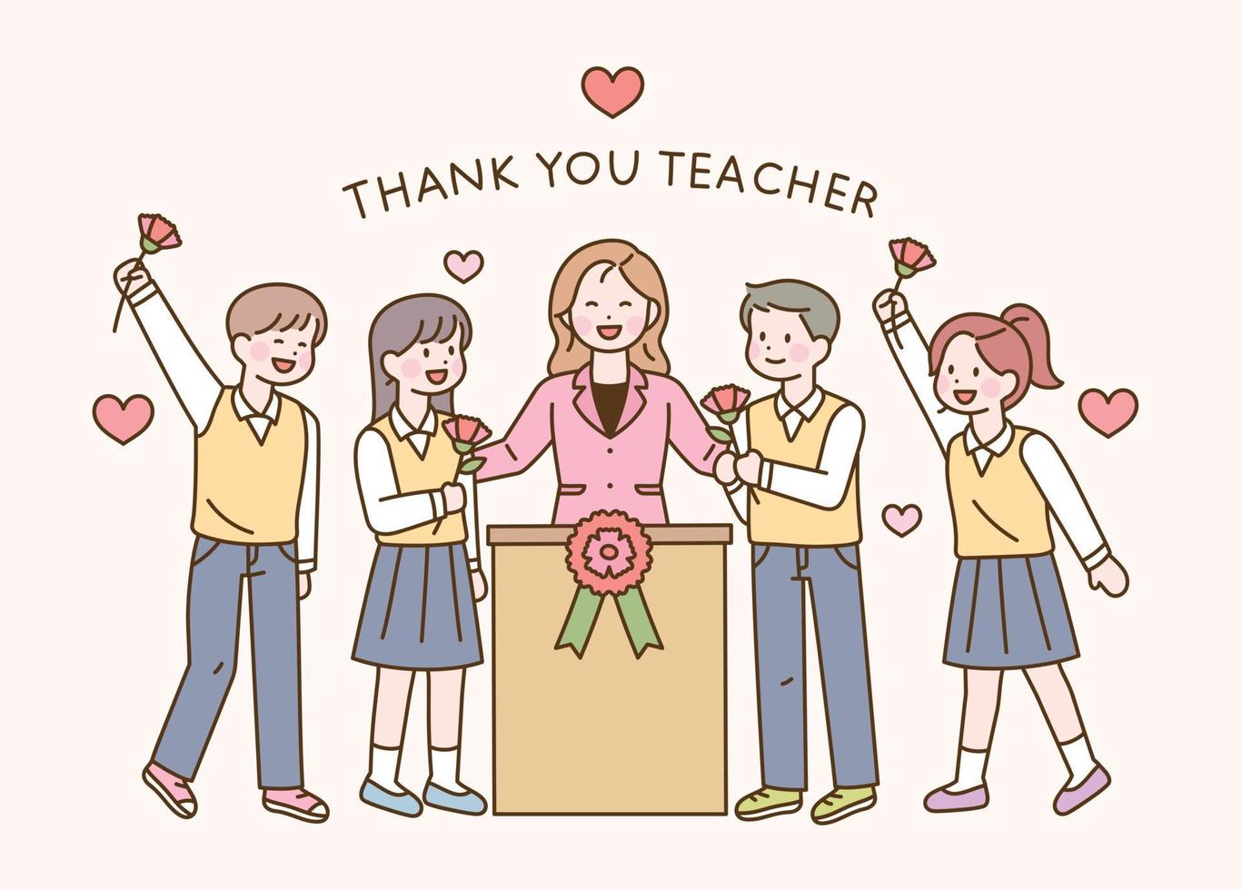 Students in school uniforms present carnations to their teachers. vector