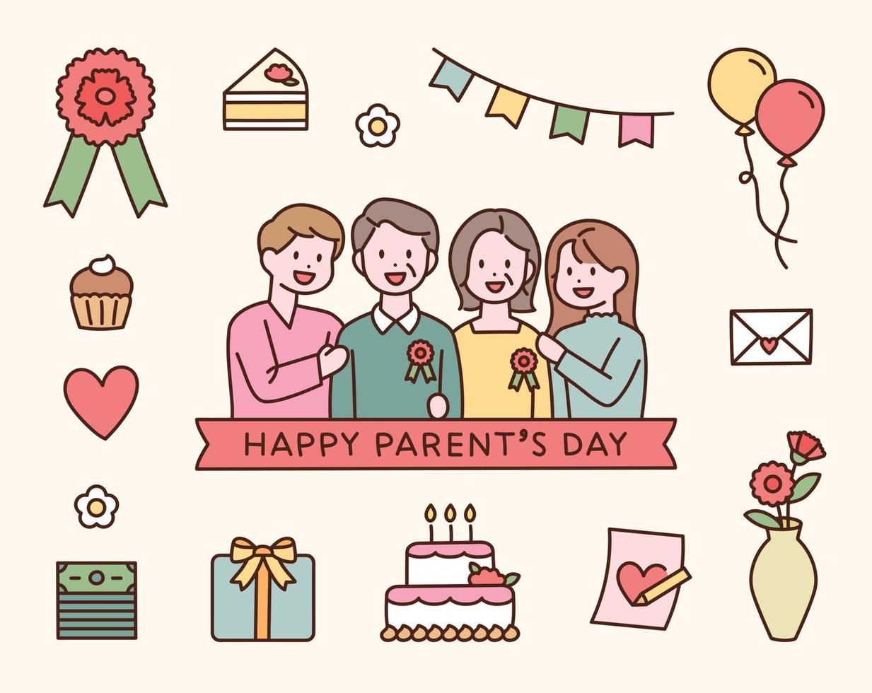 Family celebrating parents day. Thank you gift icons collection. vector
