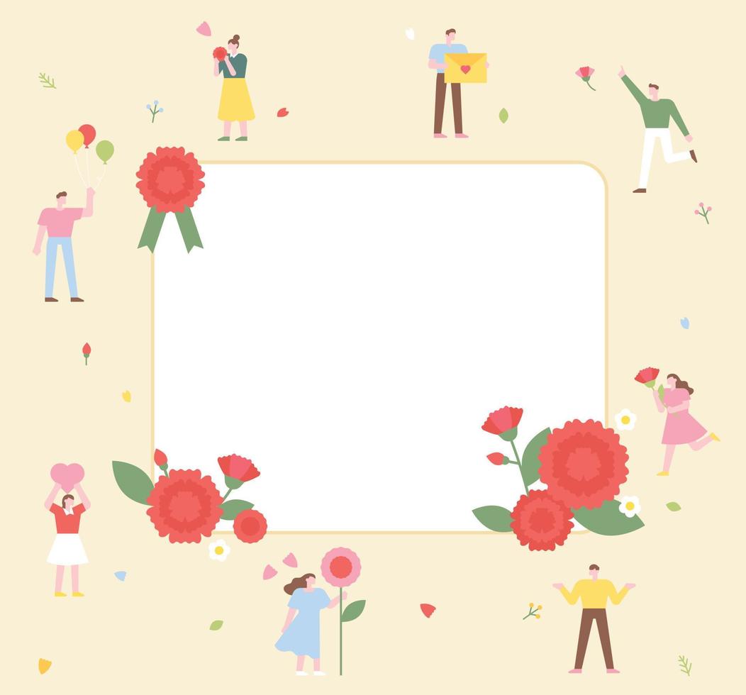 Many people have fun holding carnations around a large message card. vector